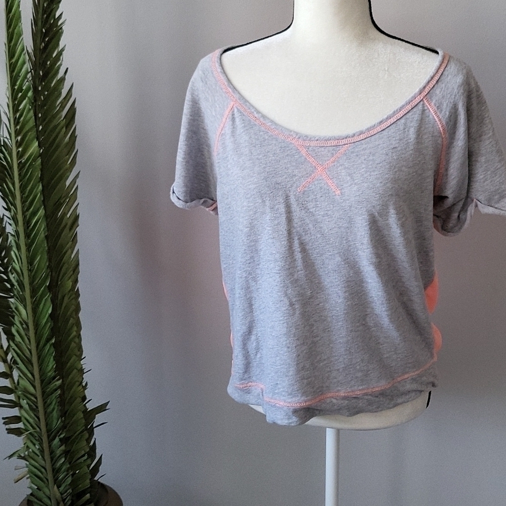 Maurices mixed material heather gray and hot coral colored sheer back tee